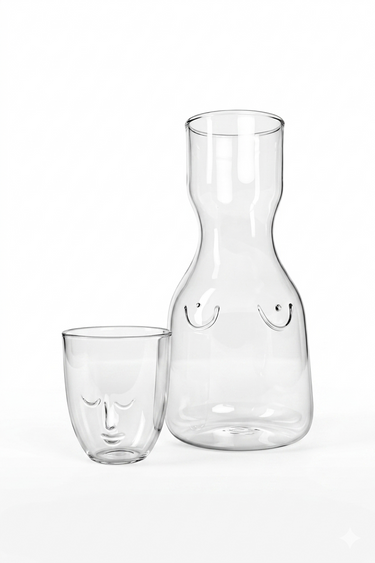Clear glass carafe and tumbler with face designs on a white background