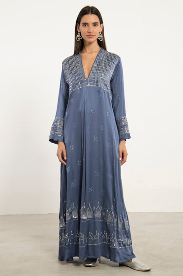 Yasmine Silk Tareq Embroidered Blue Dress