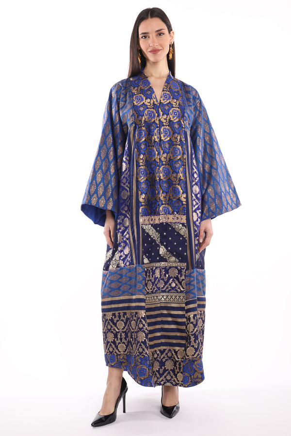 Chouf Silk Brocade Patchwork Blue Dress