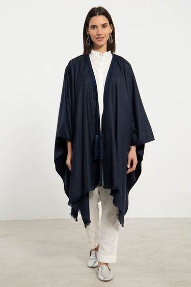 Wool & Cashmere Navy Checks Poncho