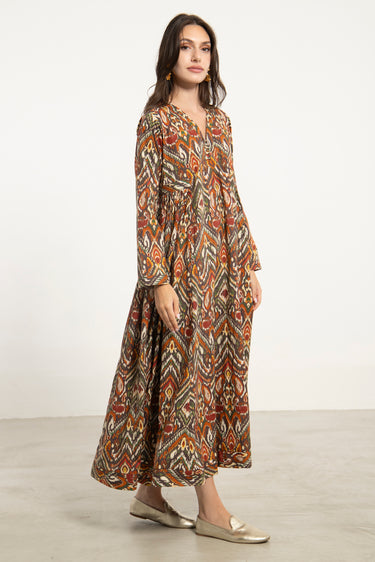 Zamzam Printed Cotton Dress – Rust & Olive
