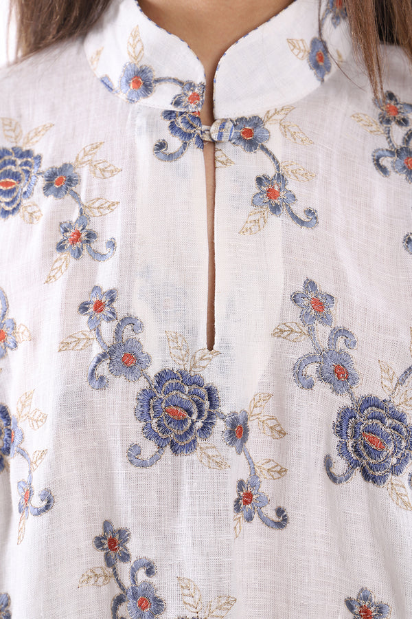 Nour Linen Embroidered White & Blue Dress