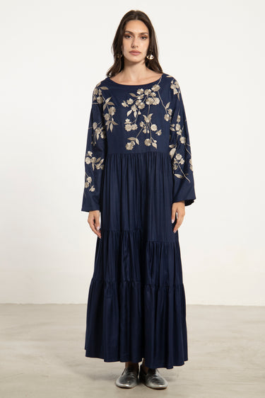 Mahsa Embroidered Silk Navy Dress
