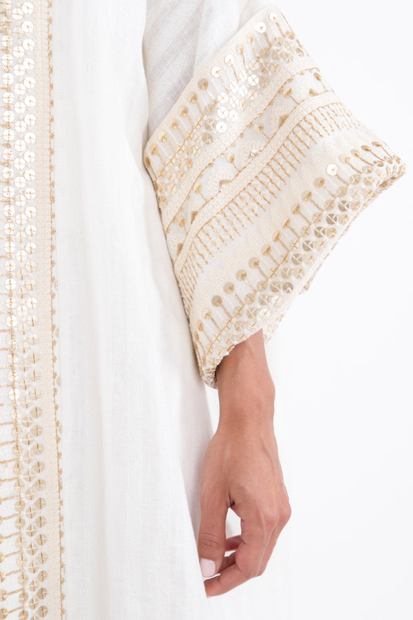 Maliha Linen White & Gold Abaya