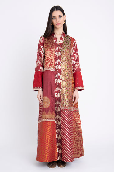 Fayrouz Silk Patchwork Burgundy Dress