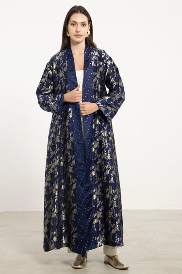 Rim Silk Brocade Navy & Gold Abaya