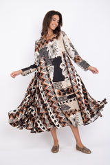 Khayal Linen Black And Beige Printed Dress