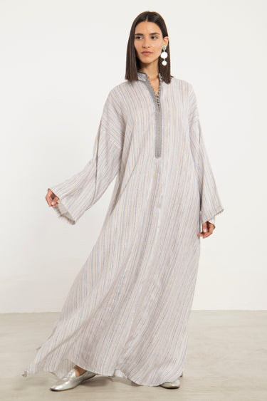 Jawad Linen Ivory & Blue Jellaba