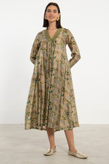 Jamila Printed Silk Green Floral Dress