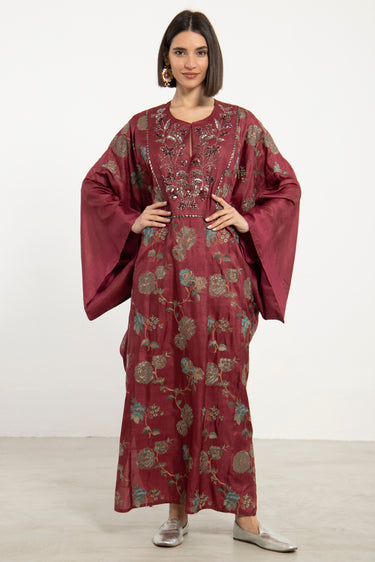 Kawthar Silk Hand Embroidered Burgundy Dress