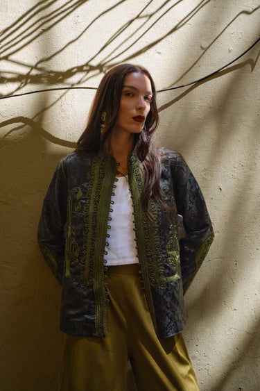 Kawas Silk Brocade Deep Green Jacket