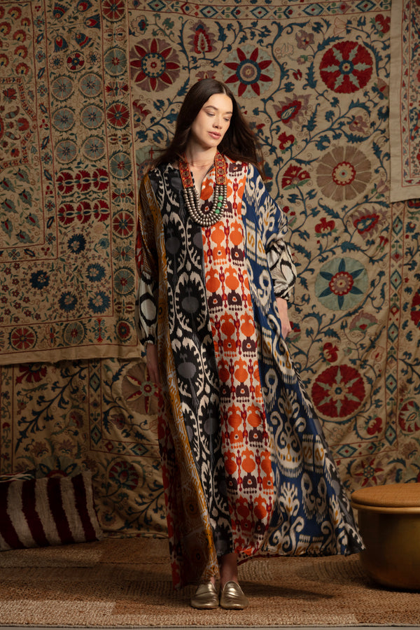 Nouha Silk Ikat Patchwork Dress