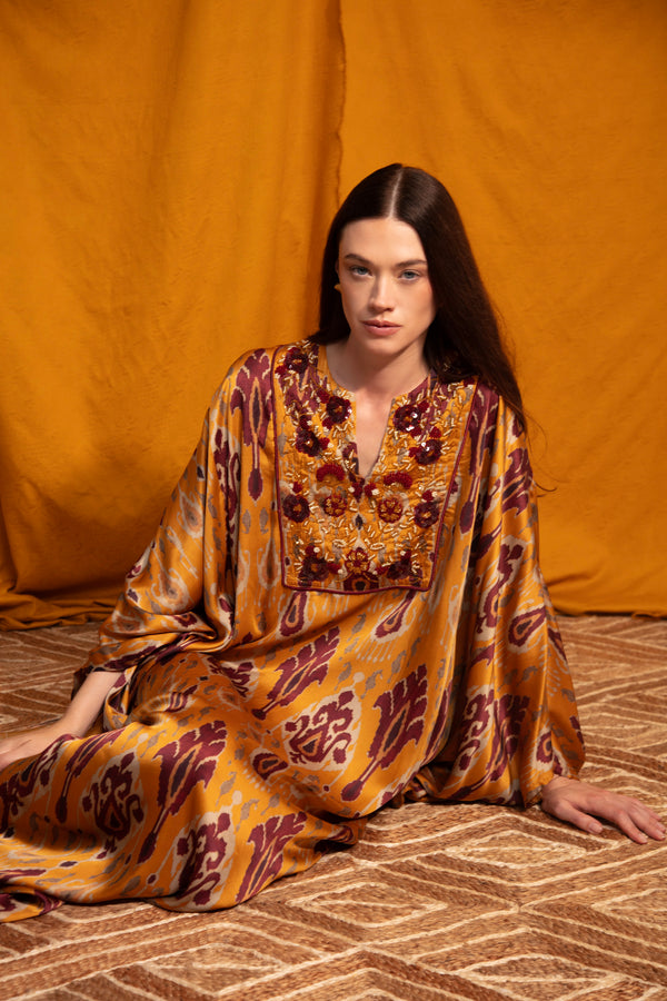 Kawthar Silk Mustard Embroidered Kaftan