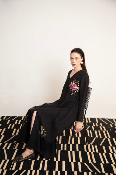 Nina Linen Black Embroidered Dress