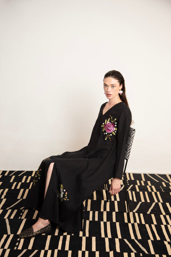 Nina Linen Black Embroidered Dress