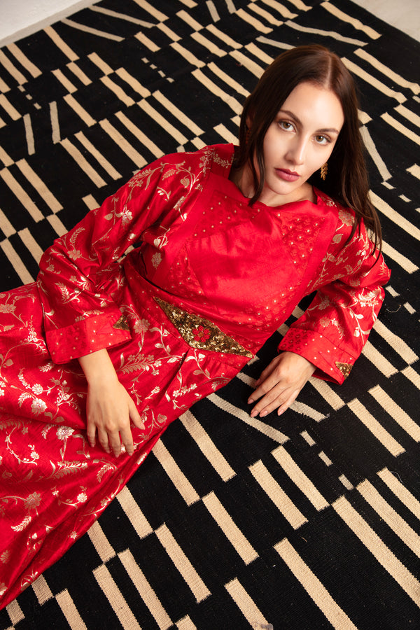 Rayssa Silk Sequins Embroidered Red Dress
