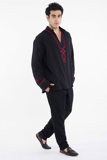 Jerusalem Cotton Black & Red Embroidered Shirt