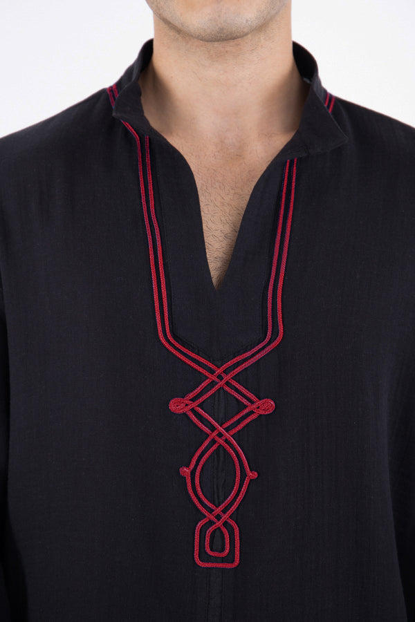 Jerusalem Cotton Black & Red Embroidered Shirt