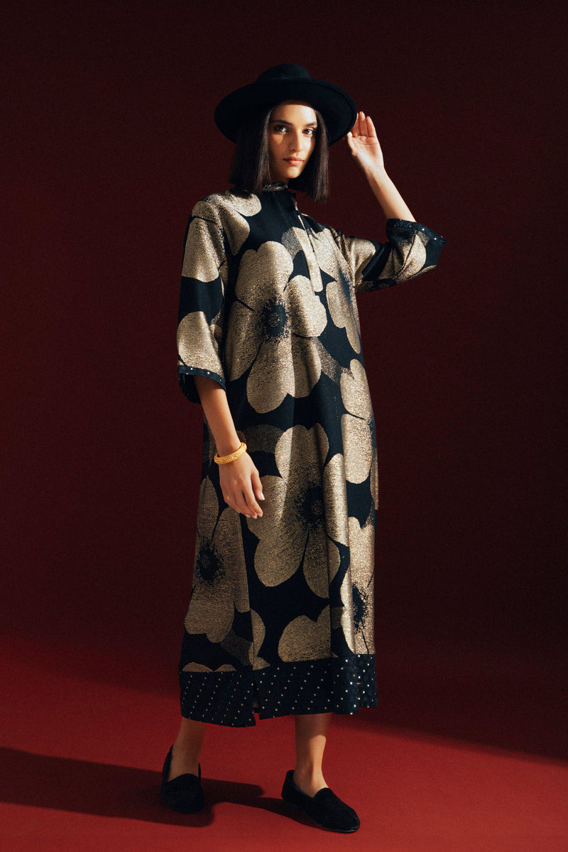 Anissa Cotton Jacquard Black & Gold Dress