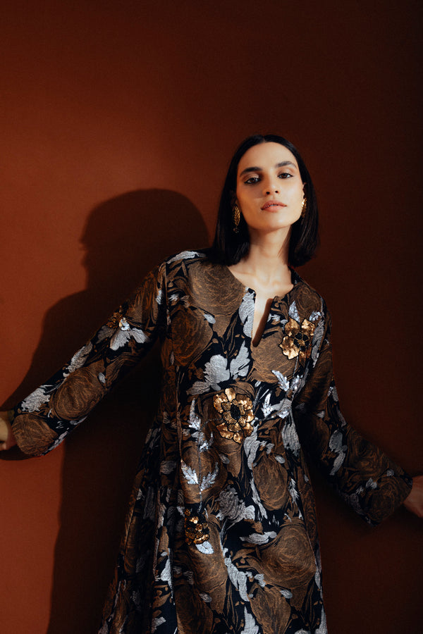Fajer Cotton Jacquard Black & Bronze Dress