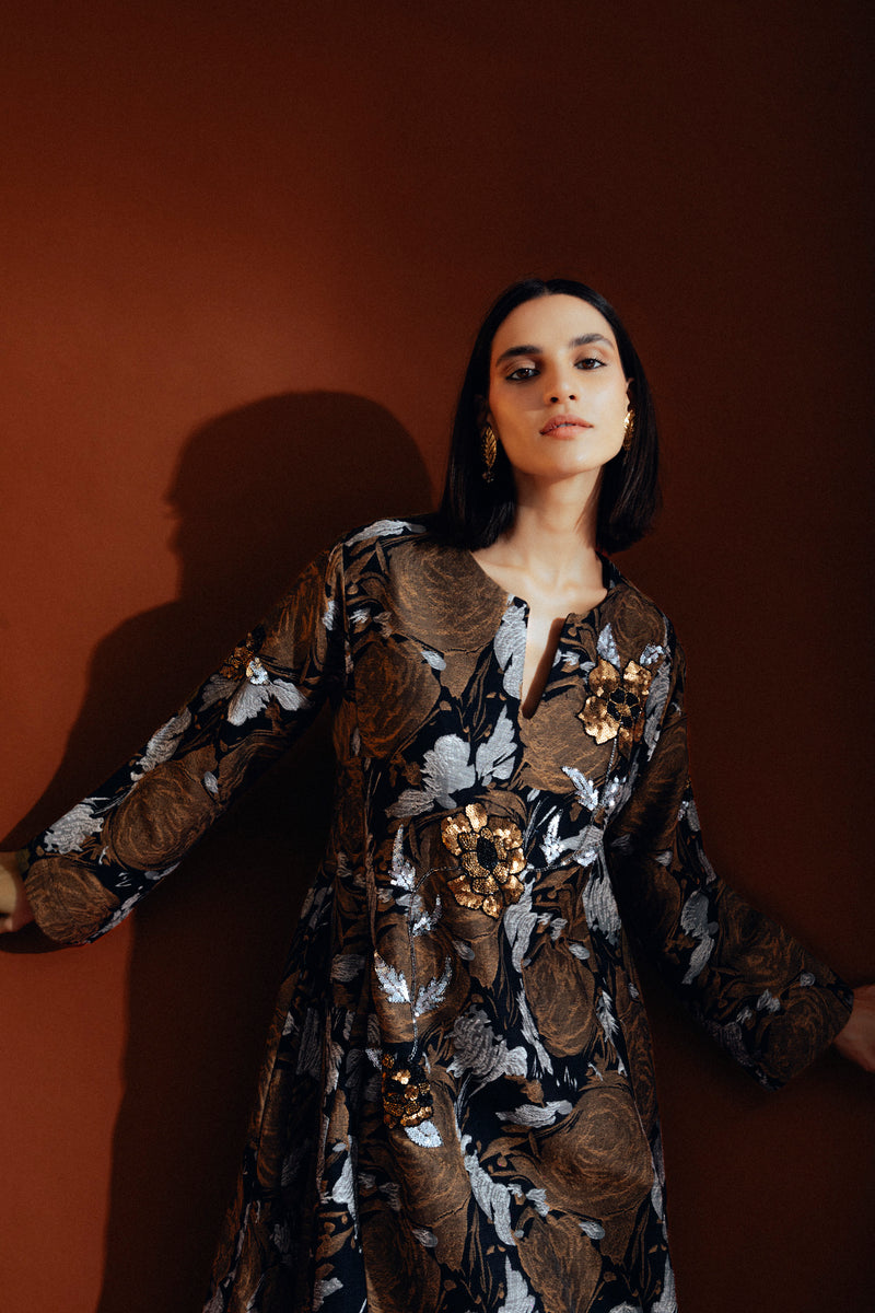 Fajer Cotton Jacquard Black & Bronze Dress
