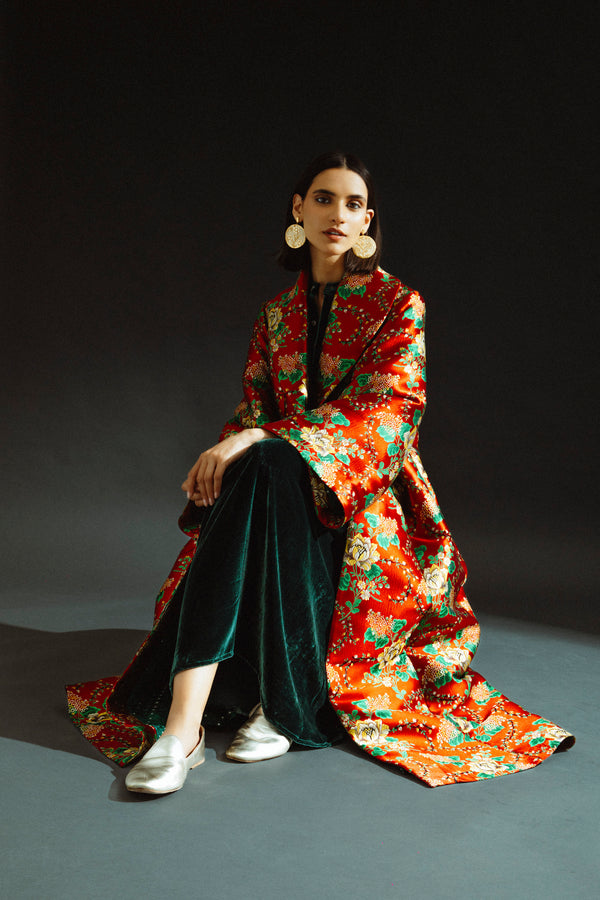 Kayan Silk Jacquard Red Coat