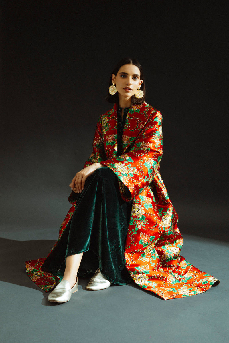 Kayan Silk Jacquard Red Coat