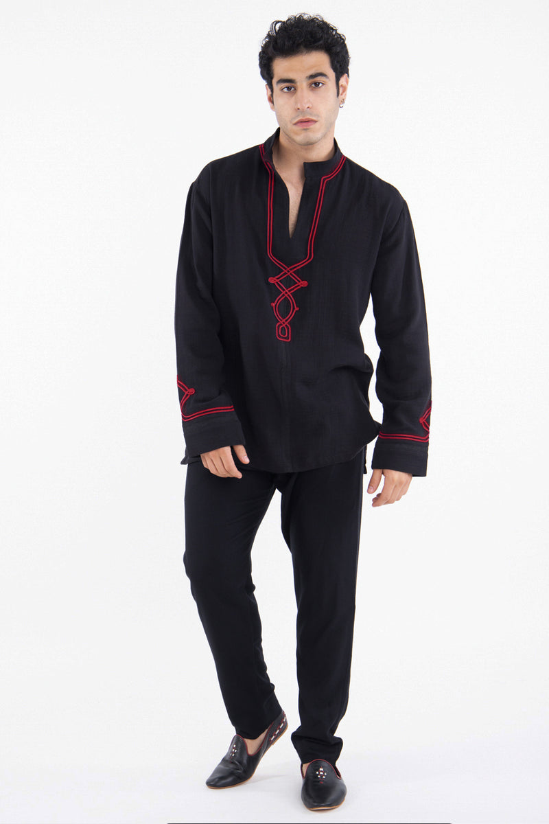 Jerusalem Cotton Embroidered Black With Red Shirt