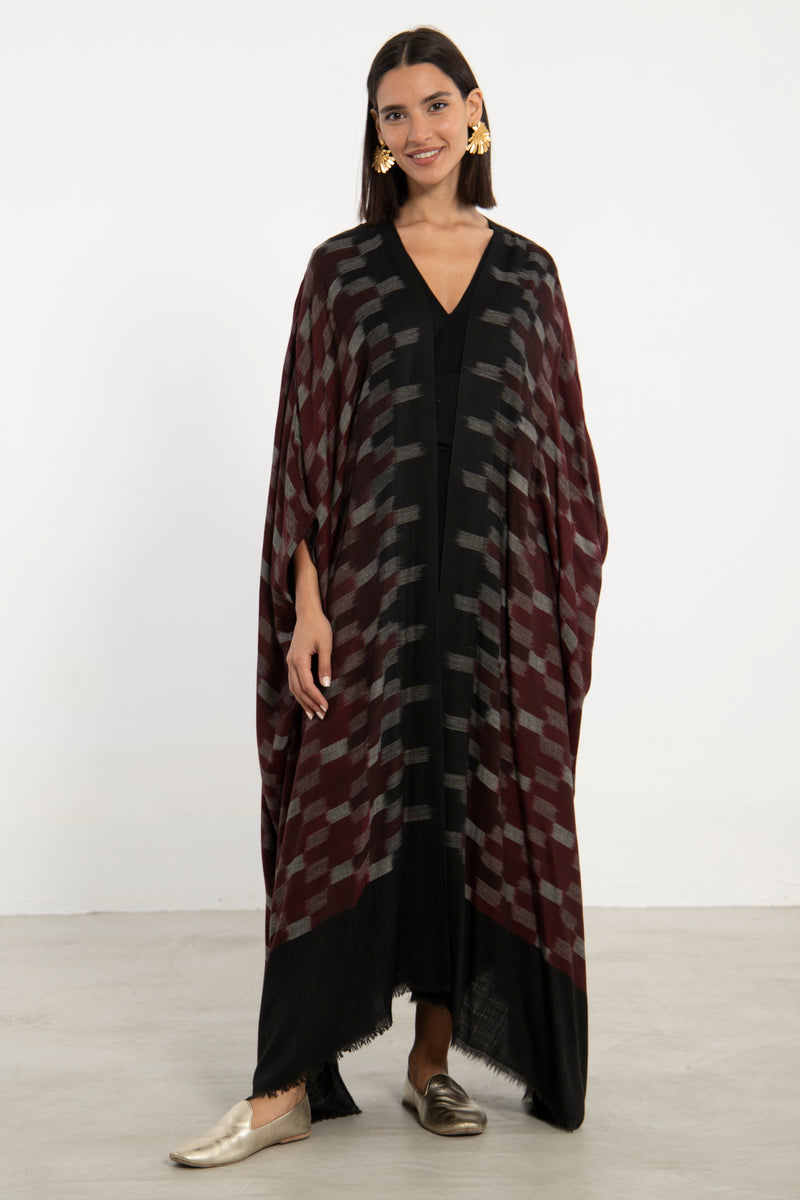 One-Of-A-Kind Cashmere Ikat Burgundy Abaya