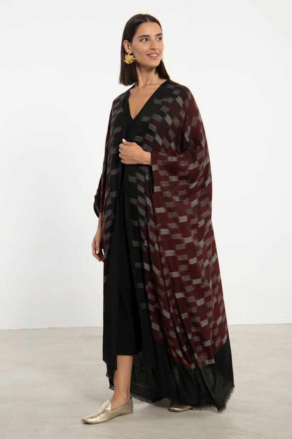 One-Of-A-Kind Cashmere Ikat Burgundy Abaya