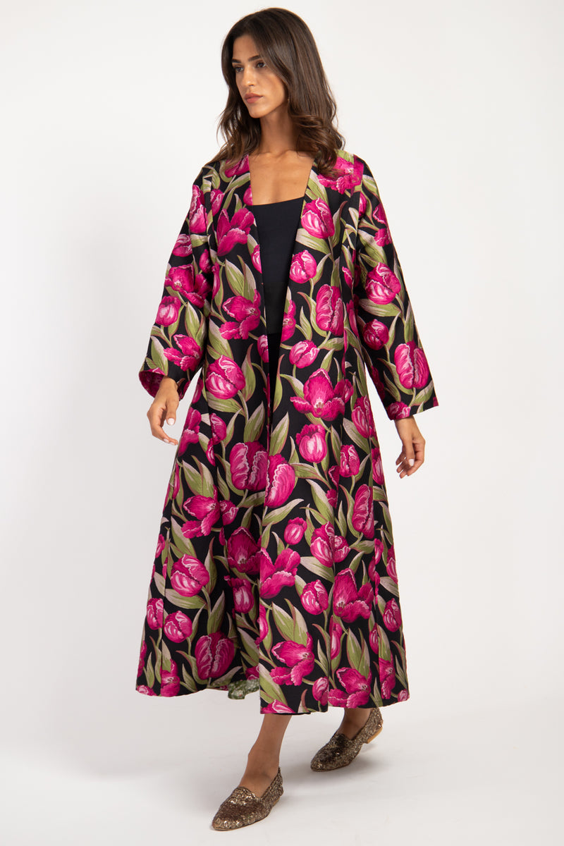 Malaki Brocade Black Pink Flowers Coat