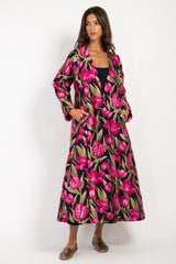 Malaki Brocade Black Pink Flowers Coat