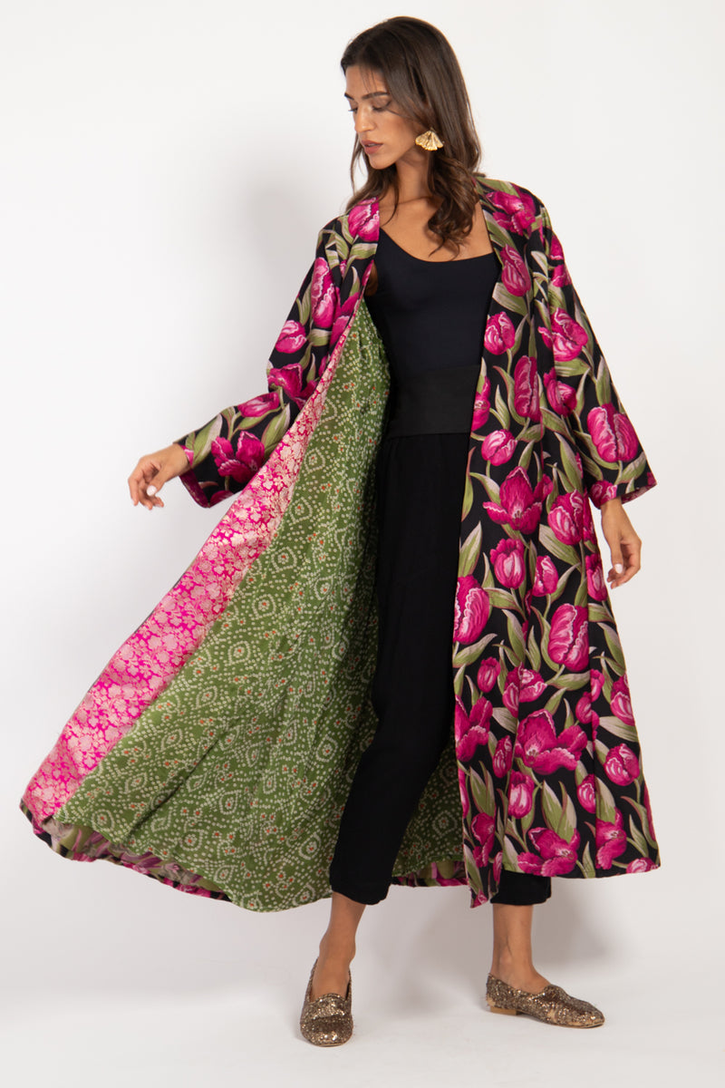 Malaki Brocade Black Pink Flowers Coat