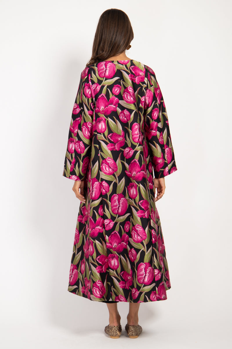 Malaki Brocade Black Pink Flowers Coat