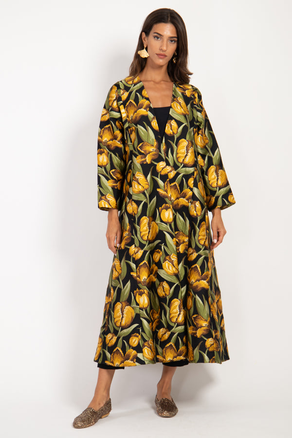 Malaki Brocade Black Yellow Flowers Coat