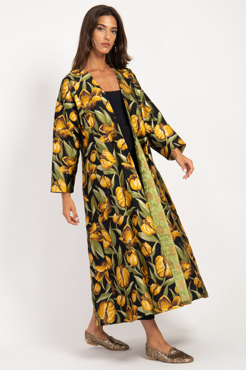 Malaki Brocade Black Yellow Flowers Coat