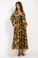 Malaki Brocade Black Yellow Flowers Coat