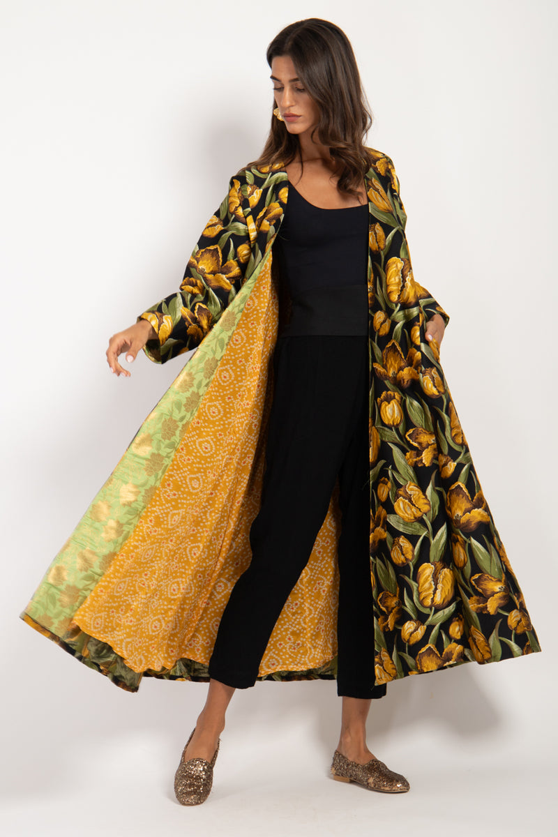 Malaki Brocade Black Yellow Flowers Coat