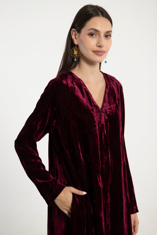 Nina Crushed Velvet Burgundy Dress