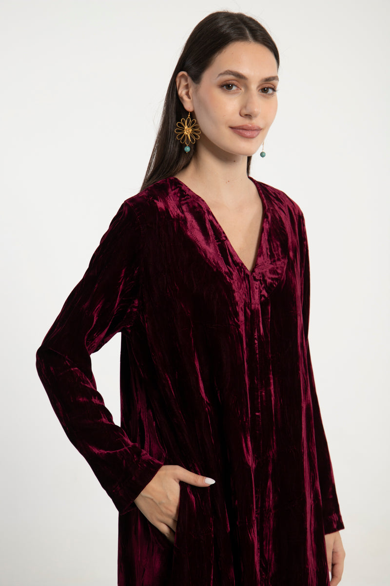 Nina Crushed Velvet Burgundy Dress