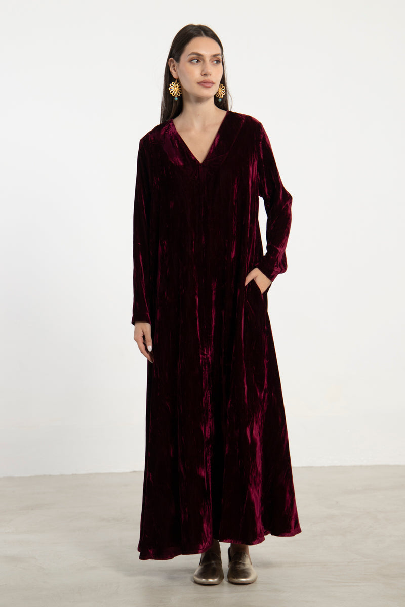 Nina Crushed Velvet Burgundy Dress