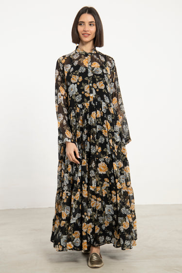 Louna Cotton Black Printed Flowers Dress