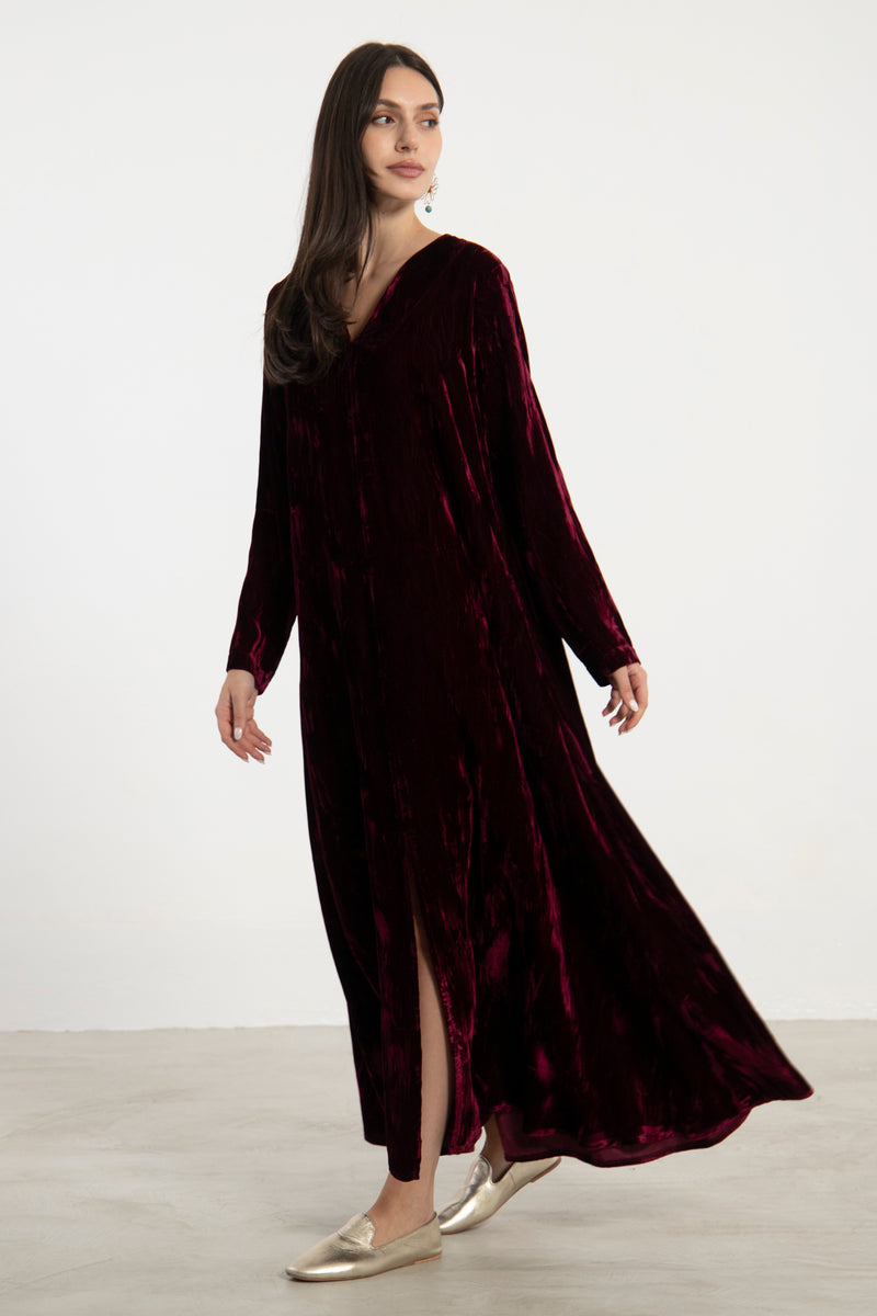 Nina Crushed Velvet Burgundy Dress