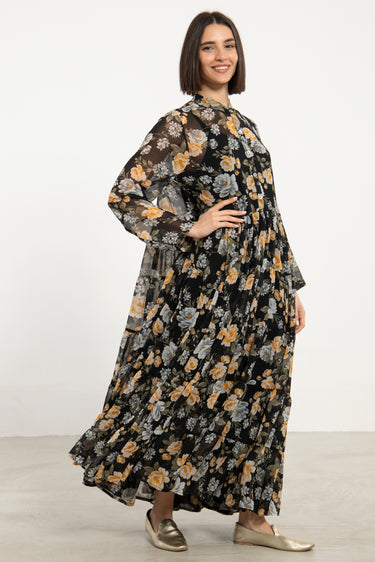 Louna Cotton Black Printed Flowers Dress