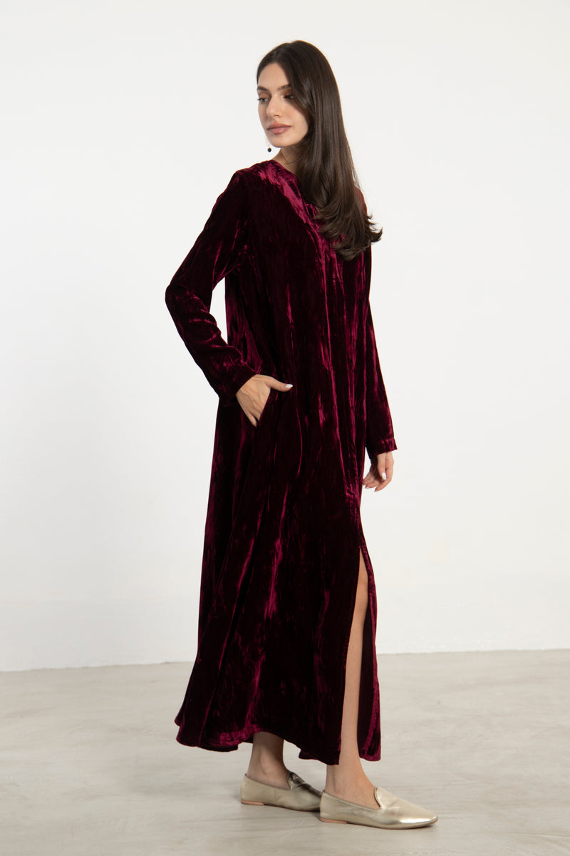 Nina Crushed Velvet Burgundy Dress
