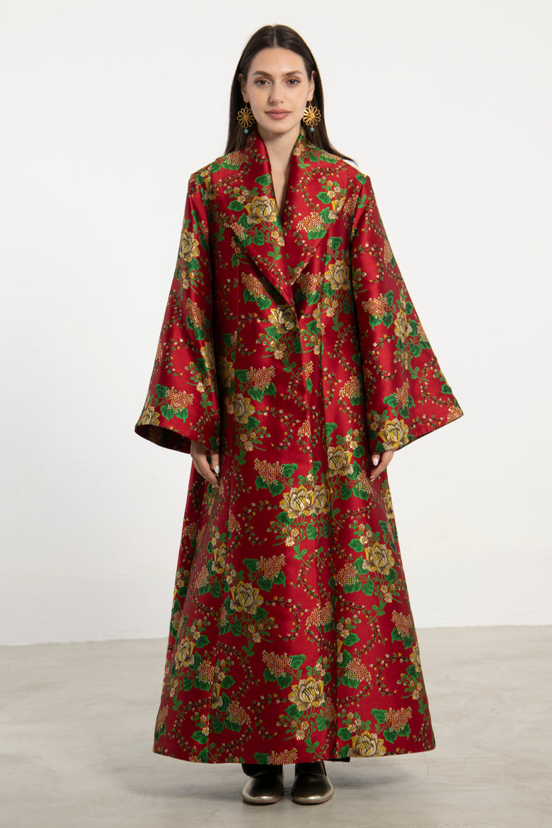 Kayan Silk Jacquard Red Coat