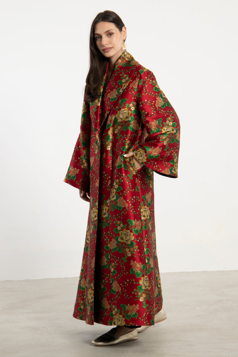 Kayan Silk Jacquard Red Coat