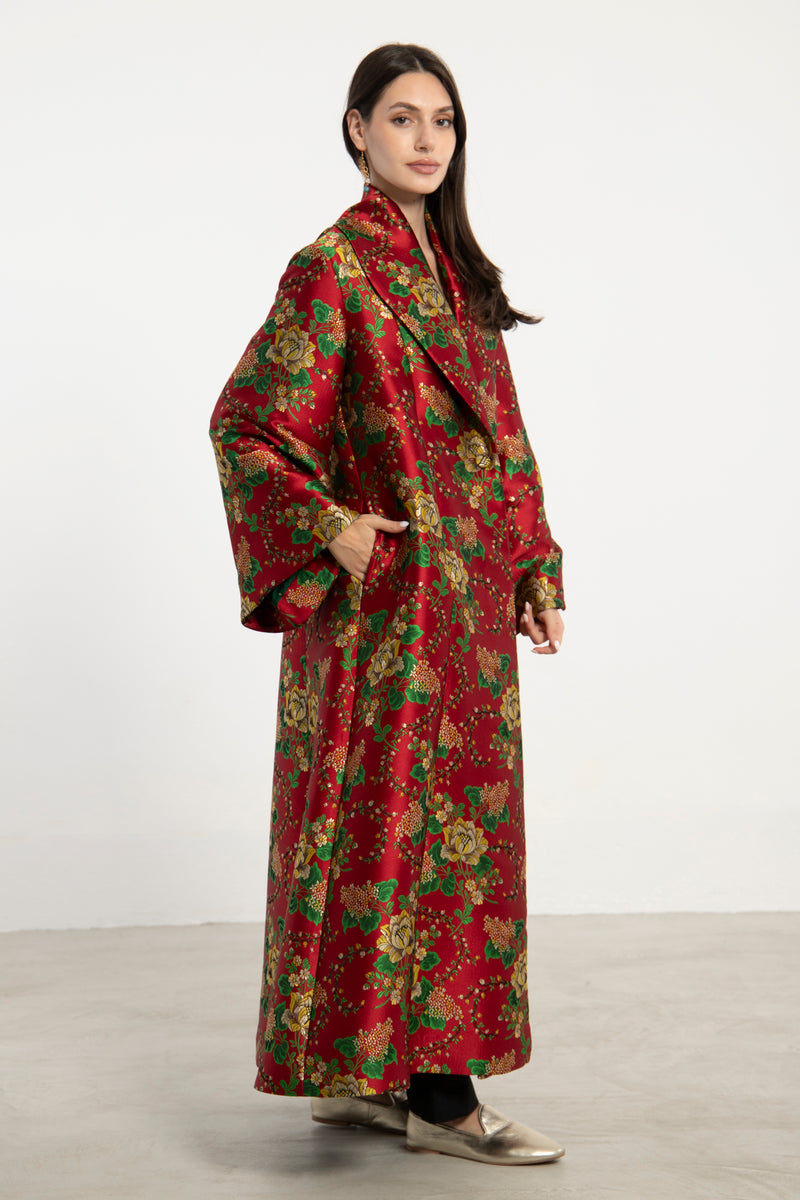 Kayan Silk Jacquard Red Coat