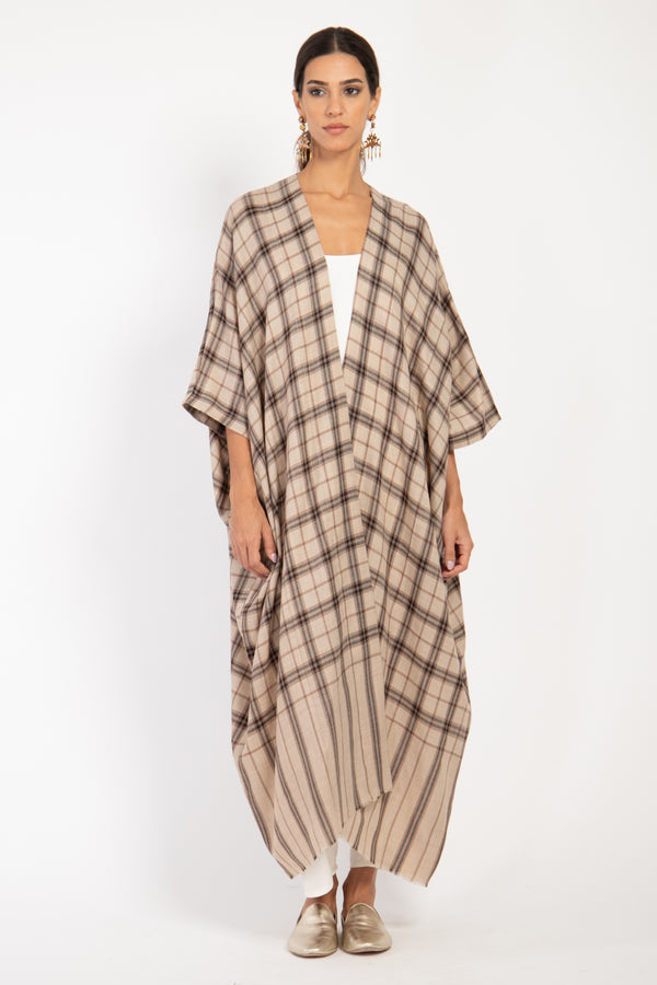 Foulard Wool Checks Brown and Beige Abaya