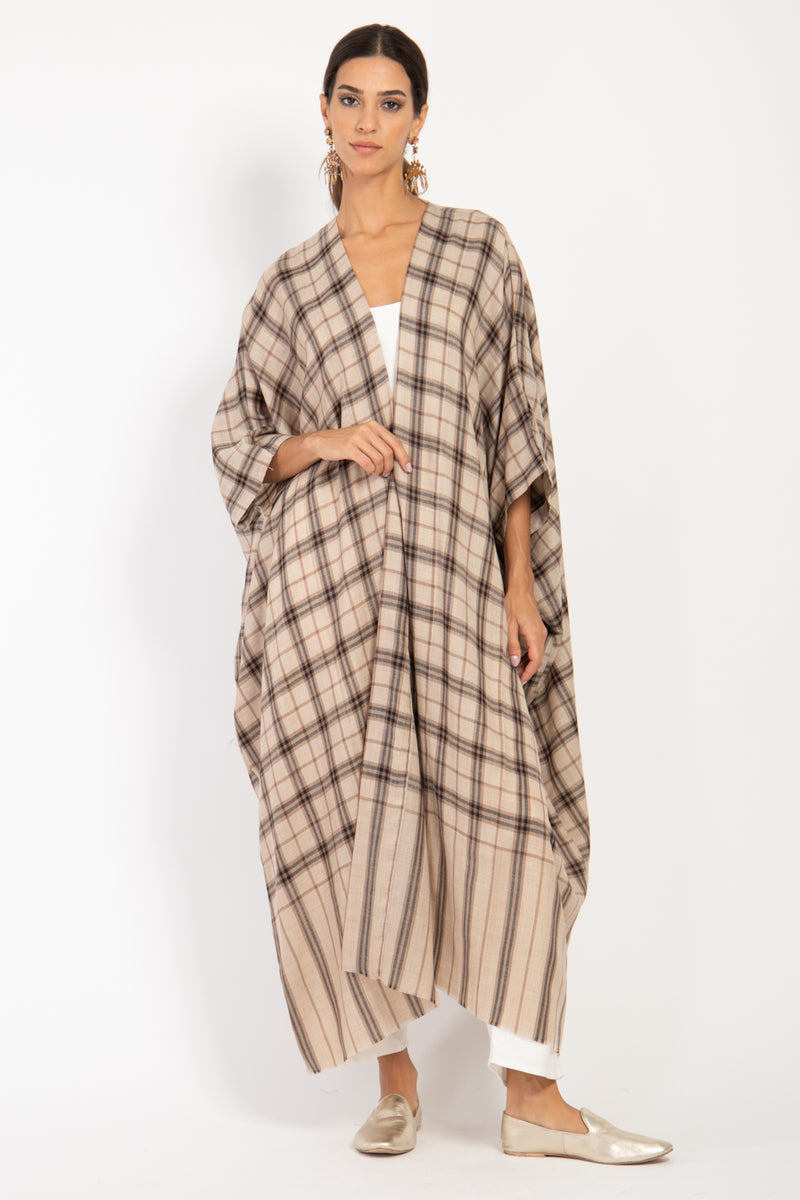 Foulard Wool Checks Brown and Beige Abaya